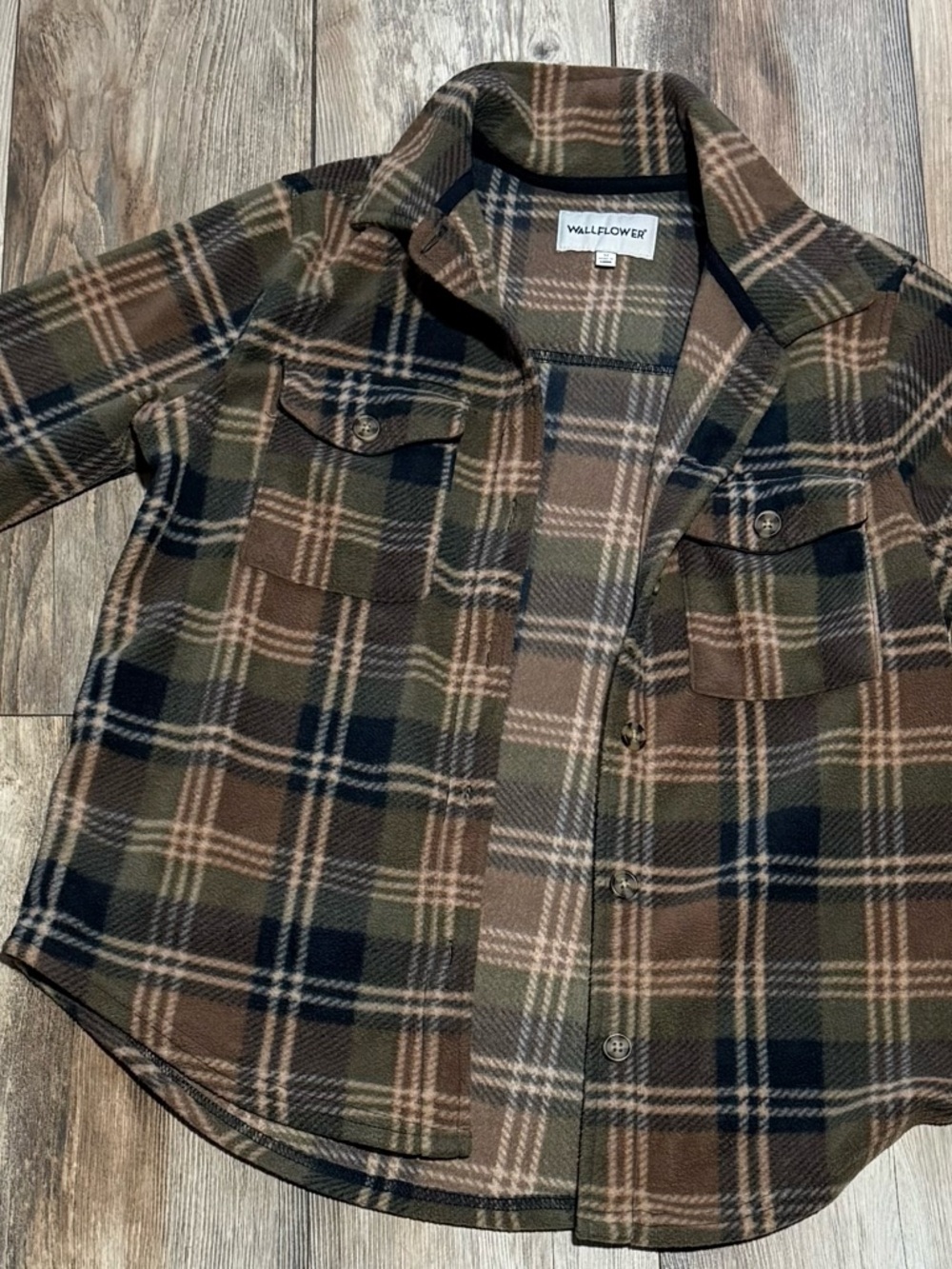 Wallflower Olive, Brown & Navy Plaid Fleece Shacket